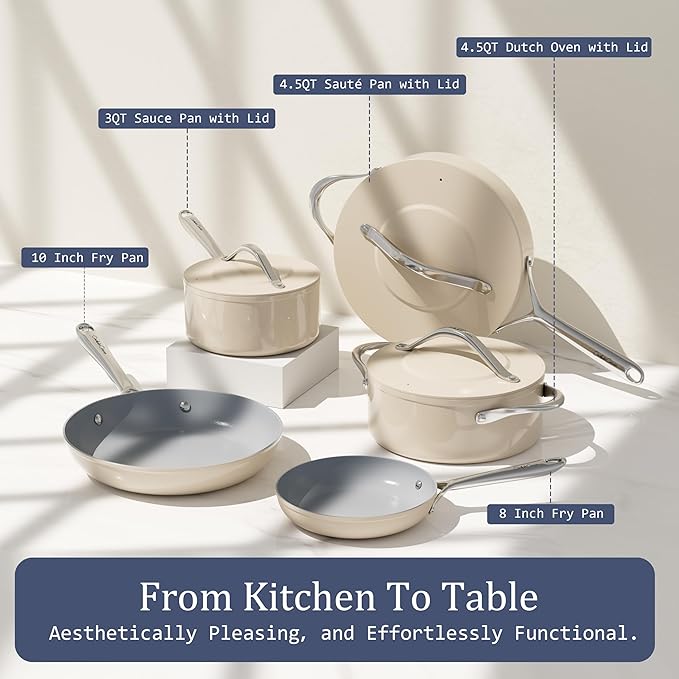 CookinCraze Low Stock Pot 4.5qt Dutch Oven Pot with Lid (9.5"x 4") Nonstick Ceramic Coated Non-Toxic PFAS-Free Even Heat Distribution for Braising, Baking Bread & Soups, Compatible for All Cooktops(Induction/Gas/Electric) Oven Safe to 500°F (Cream)