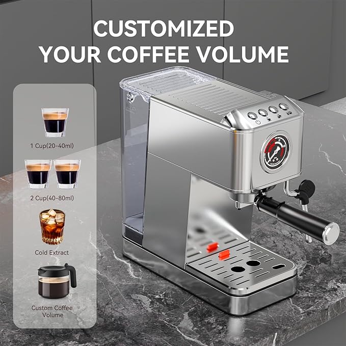 TINTALK EM623 Espresso Machine 20 Bar with Steam Milk Frother, Stainless Steel Coffee Machine with Removable Water Tank for Cappuccino,Latte, Compact Stainless Steel Coffee maker for home,Great Gift