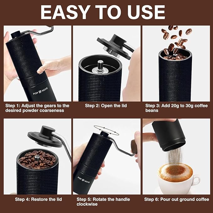 Pop and Party Manual Coffee Grinder - Stainless Steel Conical Burr Hand Mill for Espresso & French Press - Adjustable & Portable