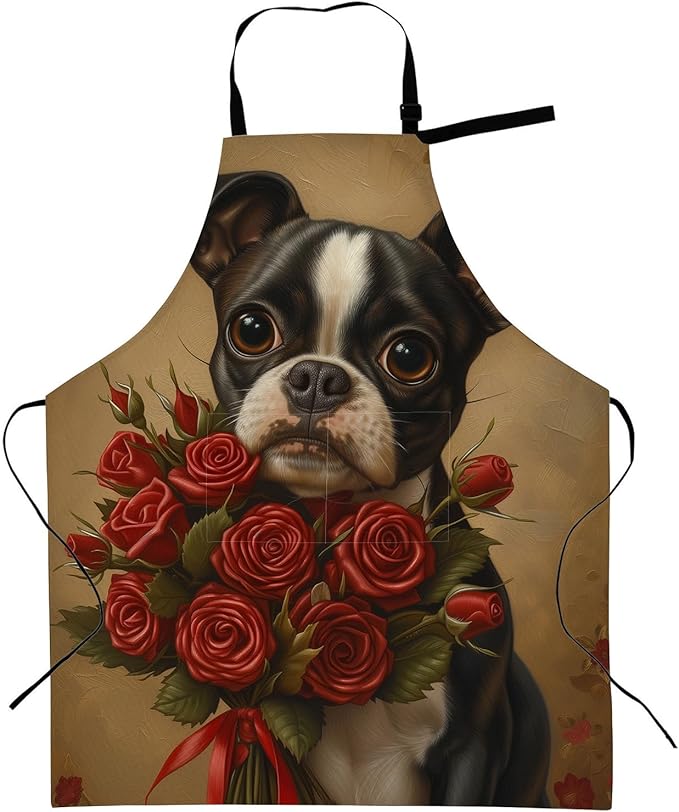 Cute Boston Terrier Apron with Adjustable Neck Strap,Dog Rose Vintage Kitchen Aprons with 2 Pockets for Women,28x33in,Oxford Fabric,Gifts for Wife Mom,For Chef Cooking Baking Gardening BBQ