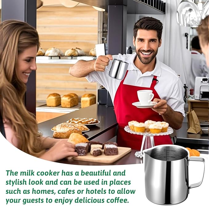 4 Pcs Milk Frothing Pitchers, 12 Oz 304 Stainless Steel Espresso Steaming Pitchers with Measuring Markers, Heat Resistant Rustproof Barista Pitcher Tools for Home, Coffee Shops (Silver)