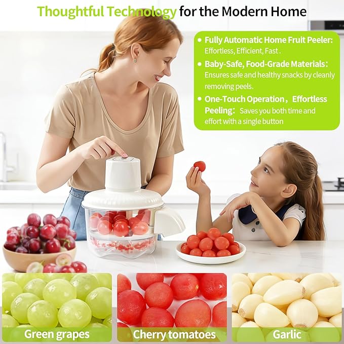 Automatic Peeling Machine, Upgraded 6 Leaf Blade Electric Grape, Cherry Tomato & Garlic Peeler, Rechargeable Wireless, Easy Clean Portable Kitchen Tool for Salad Prep & Picnic (White)