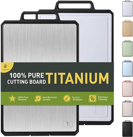 Titanium Cutting Boards for Kitchen Chopping Board with Handle Large Big Small Kitchen Meat Butcher Block 2 in 1 Pure Titanium and Wheat Straw PP Not Wood Bamboo Plastic Silicone Teak Black/White