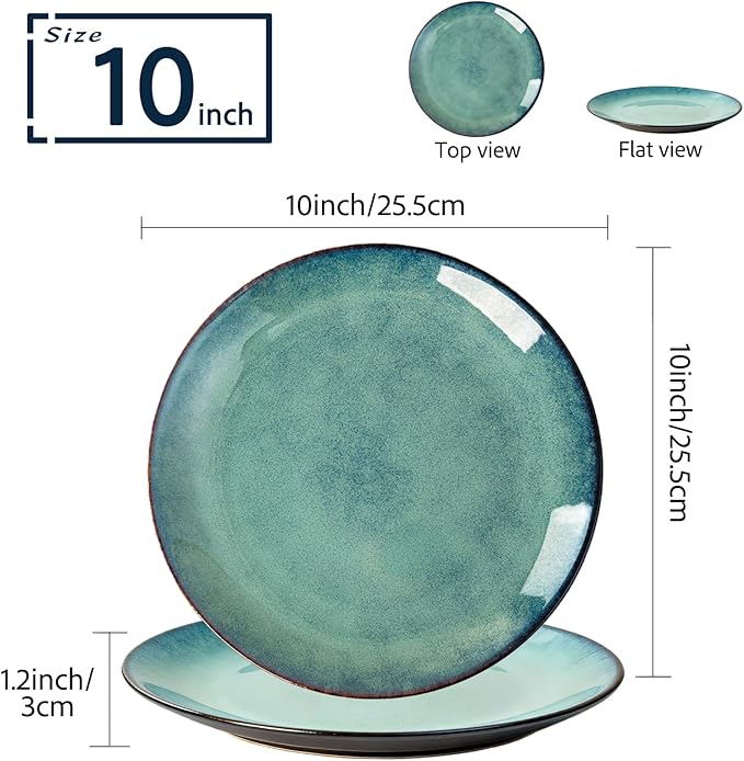 Dinner Plates Set of 6, 10 Inch Ceramic Plates – Porcelain Dinner Plates for Kitchen, Serving & Everyday Use, Microwave & Dishwasher Safe，Light Blue
