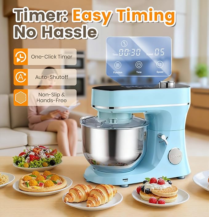 Bonnor Stand Mixer 6QT Kitchen Mixer with LED Smart Touchscreen, 11-Speed Tilt-Head Mixer with Timer, 4 Preset Menus, Stainless Steel Bowl, Dough Hook, Whisk, Beater,Blue