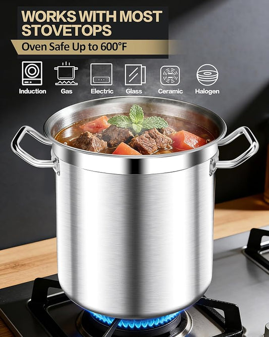 STOCKPOT Extra-Large Stainless Steel Stock Pot – Commercial Heavy Duty Soup Pot with Lid, 3-Ply Base for Fast Heating, Ideal for Seafood Boils and Outdoor Cooking - 100 Quart