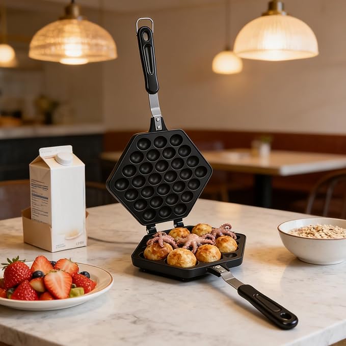 Bubble Waffle Pan, Cast Aluminum Non Stick Stovetop Maker with Cool Touch Handles for Home Use, Gas Stove Compatible Waffle Iron for Cafe Party and Teahouse