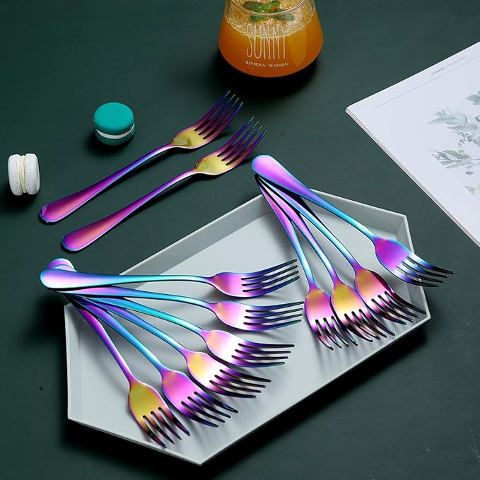 Rainbow Dinner Forks Set of 12, Berglander Stainless Steel Titanium Mutil-Color Plating Fork Set, Colorful Forks And Spoons Silverware, Table Forks Set Sturdy And Dishwasher Safe
