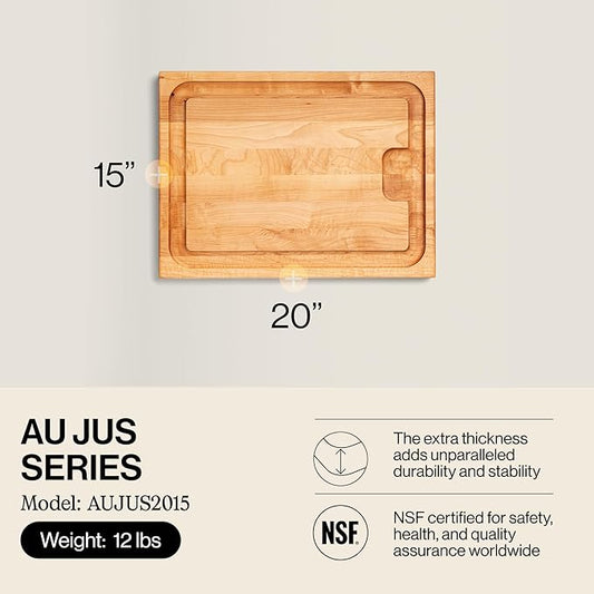John Boos Aujus Series Rectangular Wooden Maple Cutting Board 20”x15” – 1.5” Thick, 12-lb Reversible Butcher Block with Sloped Juice Groove, Edge-Grain & Finger Grips – Made in the USA