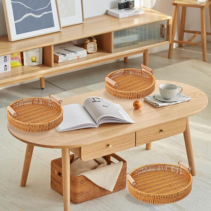 3 Pack 10.8/9.7/8.9 inch Round Rattan Tray, Round Woven Serving Basket with Handles, Storage Rattan Serving Trays for Home, Restaurant & Hotel Use, Durable & Easy-Cleaning