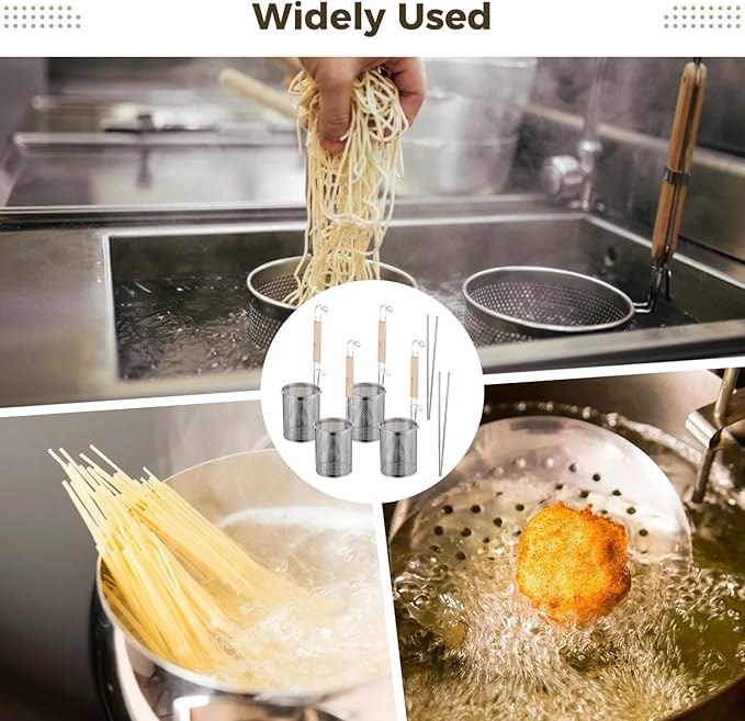 4 Pcs Pasta Strainer Set with 2 Pairs of Chopsticks, Stainless Steel Noodle Strainer, Wooden Handle Strainer, Fine Mesh Food Skimmer for Pasta, Noodle, Dumpling