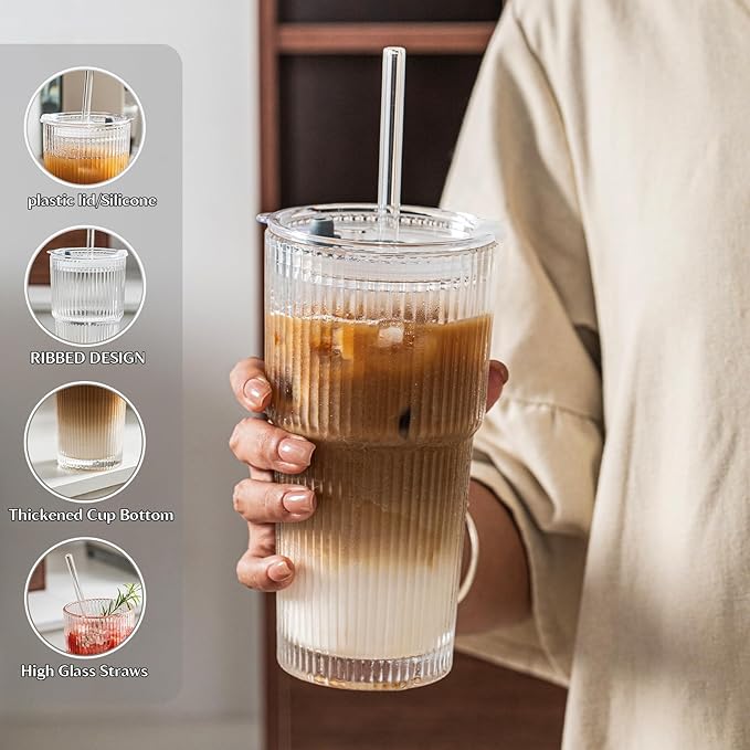 INSETLAN 20 oz Ribbed Glass Tumblers with Lids and Glass Straws – 6-Piece Glassware Set, Thickened Wall, Ideal for Iced Coffee, Smoothies, Cocktails, and Juices – Elegant and Durable Drinkware