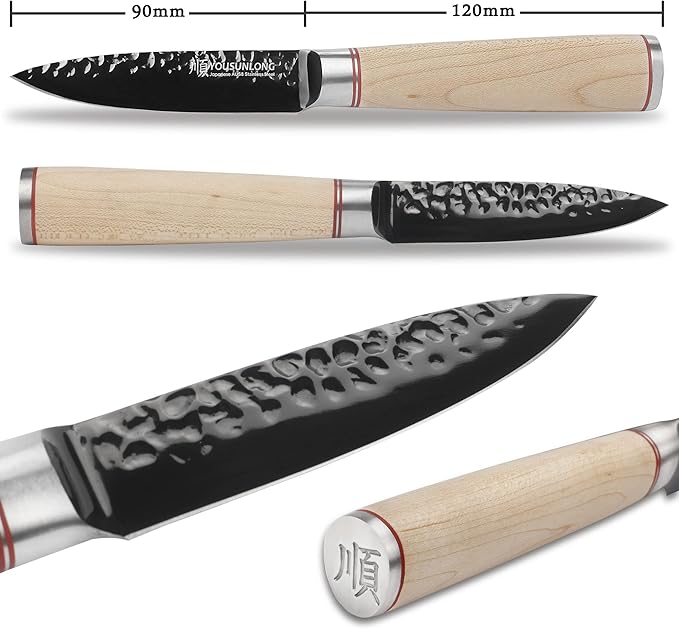 YOUSUNLONG Paring Knife - 3.5" Peeling Knife Razor Sharp - Japanese HRC Steel AUS8 Black Titanium Coating - Natural Canadian Maple Wood Handle