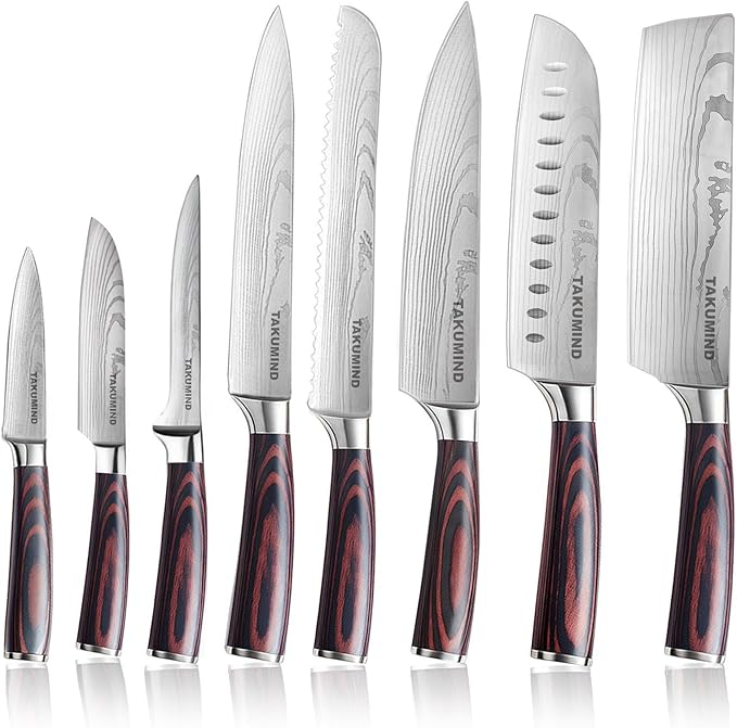 Premium Japanese Knife Set,Sharp Knives Set for Kitchen,Nop-slip Wooden Ergonomic Handle,High Carbon Stainless Steel Forged Luxury Gift(8PCS,Silver)