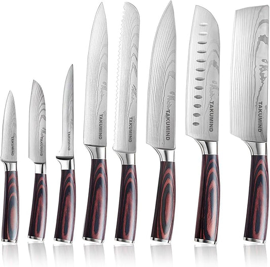 Premium Japanese Knife Set,Sharp Knives Set for Kitchen,Nop-slip Wooden Ergonomic Handle,High Carbon Stainless Steel Forged Luxury Gift(8PCS,Silver)