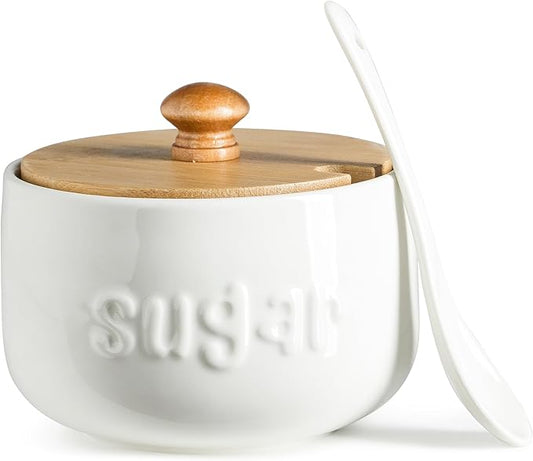 LYEOBOH Sugar Bowl with Lid and Spoon,17 OZ Sugar Jar, Ceramic Jar with Lid, Sugar Container for Coffee Bar, Sugar Bowls for Countertop, Azucarera for Farmhouse Home and Kitchen, White