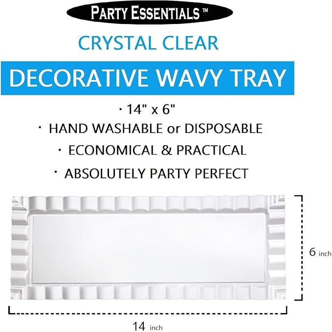 Party Essentials Disposable Hard Plastic Decorative Wavy Trays, 14" X 6", Clear (Pack of 3)