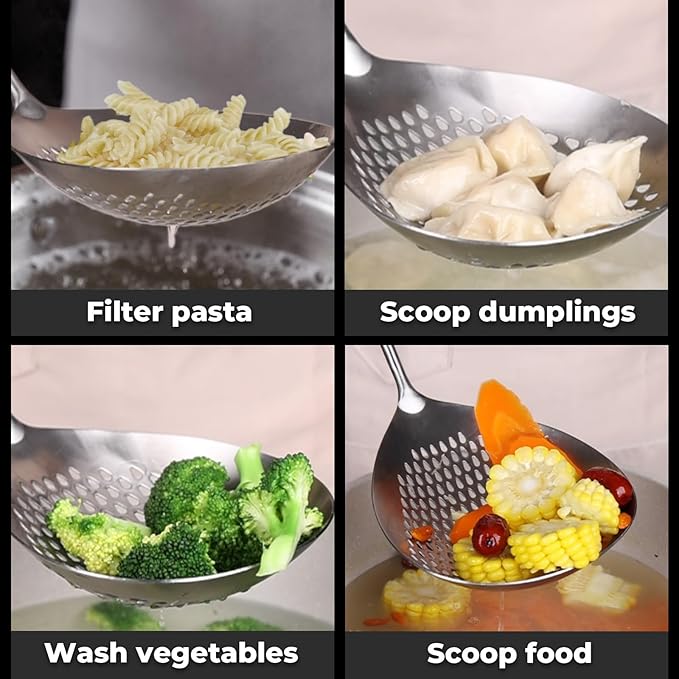 Skimmer Slotted Spoon -16.5in 304 Stainless Steel Pasta Spider Strainer Skimmer Ladle Spoon for Cooking and Frying - Kitchen Metal Scoop Colander Strainer Spoon with Heat Resistant Black Wooden Handle