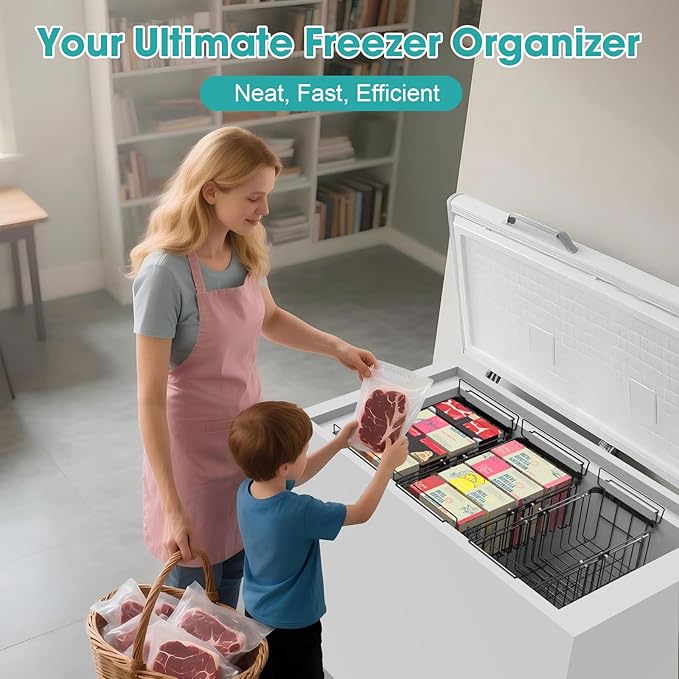 Freezer Organizer Bins, 2 Pack Expandable Stackable Hangable Chest Freezer Containers with Handles, Adjustable From 10.3" to 14.2" Storage Baskets for Fridge, Deep Freezer, Cabinet, Pantry, Kitchen