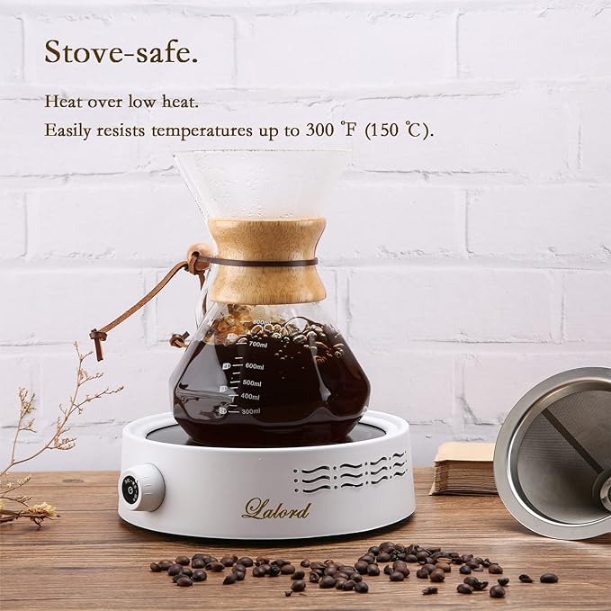 Lalord Pour Over Coffee Maker with Stainless Steel Filter, 20 oz Borosilicate Glass Coffee Carafe, Wooden Collar, Coffee Maker Carafe, Hold 3-4 Cups, 600 ml, Clear