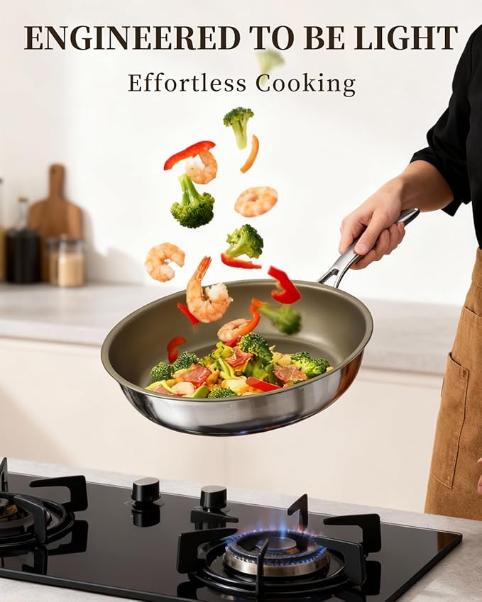 Abijan 11inch Stainless Steel Pan, Non stick frying pan, 3-Ply Titanium pan, Induction cooking pan, Nonstick Omelette Skillet, PFOA/PFAS/PTFE Free, Compatible with All Cooktops, Oven Safe, Brown