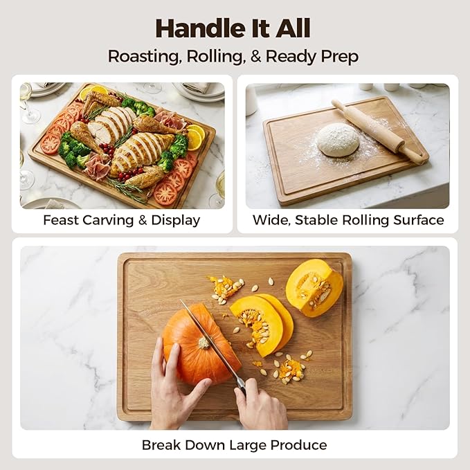 RosiRoli Acacia Wood Cutting Board for Kitchen - 17"x12" Large Chopping Board with Juice Grooves & Handles, 1" Thick FSC Certified Butcher Block Cutting Board for Meat and Veggies, Ideal Gift