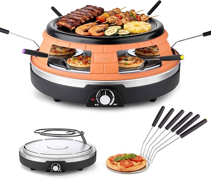Saenchue Multifunction Raclette Grill & Mini Pizza Oven, 1200W Electric Pizza Oven with Flat Griddle Top, Indoor Grill with 6 Mini Pizza Baking Slots, Temperature Control, Personal Pizza Maker, PM-01