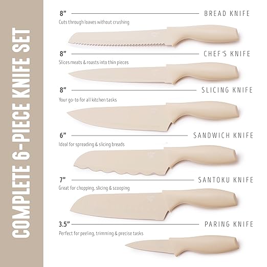 GreenLife 6 Piece Kitchen Knife Set, Rust-Resistant Nonstick Coating, High Carbon Stainless Steel Knives, Blade Guards, Razor Sharp, Ergonomic Handle, Chef, Santoku, Paring, Taupe
