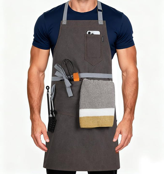 Womens Apron with Pockets Adjustable Shoulder Strap,Aprons for Men 38.5" Extra-Long Straps Fit More Body Types,Chef Apron for Kitchen Garden Barbecue Woodworking(Gray)