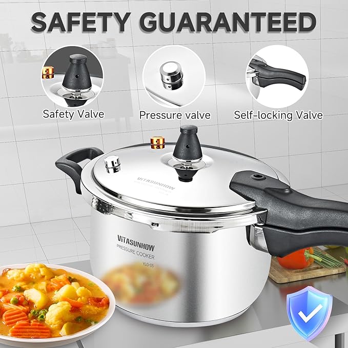 VITASUNHOW Stainless Steel Pressure Cooker with Steamer Basket, Faster Cooking and Safety Pressure Release (9-Liter)