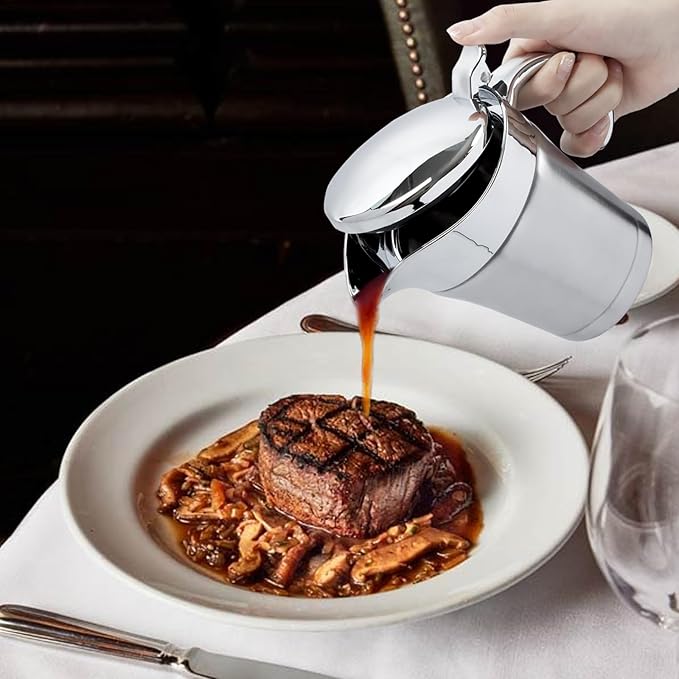 Double Insulated Gravy Boat, 18/8 Stainless Steel Sauce Jug Gravy Boat with Hinged Lid - Ideal for Gravy or Cream at Thanksgiving, Halloween, Christmas, Dishwasher safe (750ML/26 OZ)