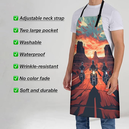 Motorcycle Ride Sunset Apron for Women, 28x33in, Kitchen Chef Aprons with 2 Pockets, Polyester, Bold Biker Apron for Cooking BBQ Baking Gardening Chef, Gifts for Mom Wife Dad