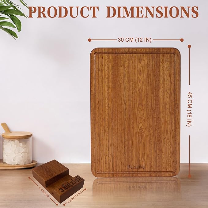 Relxinke Solid Teak Wood Cutting Board One Piece Non Glued Large Thick Crack Resistant Wooden Chopping Board with DeepJuice Grooves Built in Handles for Kitchen Meat Vegetable 17.7x11.8 IN