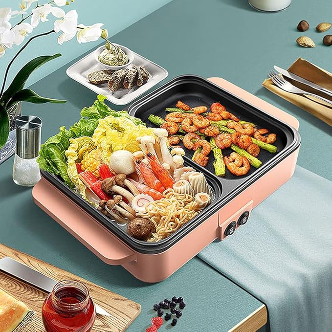 Hot Pot with Grill,2 in 1 Indoor Non-Stick Electric Hot Pot and Frying Pan,Independent Temperature Control,Portable Smokeless Korean BBQ Grill for Indoor Outdoor Party, 11.4 x 8.7 x 4.3