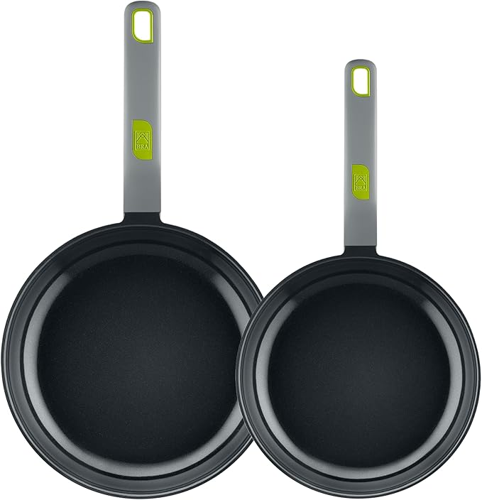 BRA COOKWARE Life 2 Ceramic Nonstick Frying Pan Set | 8+10.2 Inch Recycled Cast Aluminum Skillets | Ceramic Non-Stick Fry Pans | PFOA Free Searing Skillets | All Cooktops | Soft-Touch Handle
