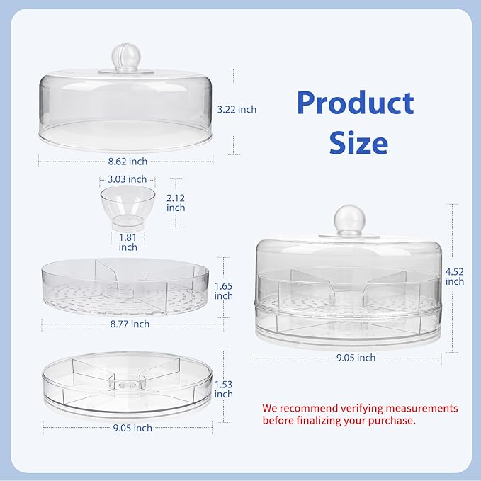4-in-1 Small Mini Premium Rotating Chilled Serving Tray, 9.05" Ice-Cooled Party Platter with 4 Compartments – Perfect for Fruit, Cake, Desserts, and Shrimp Cocktails – Keeps Food Fresh & Cool