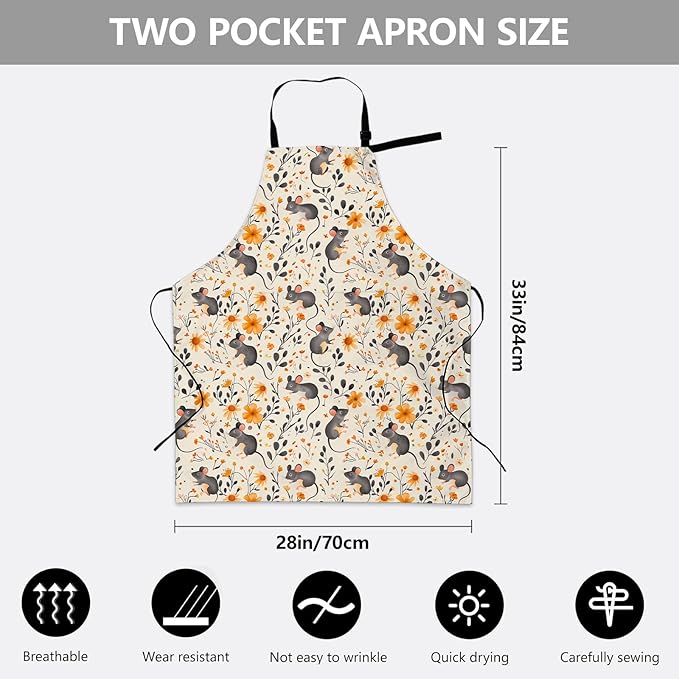 Cute Mouse Apron, Adjustable Kitchen Mice and Orange Floral Aprons with Pockets for Cooking BBQ Gardening, 28×33 IN, Holiday Gifts for Women Men Wife, for Chef Baking, Oxford Fabric