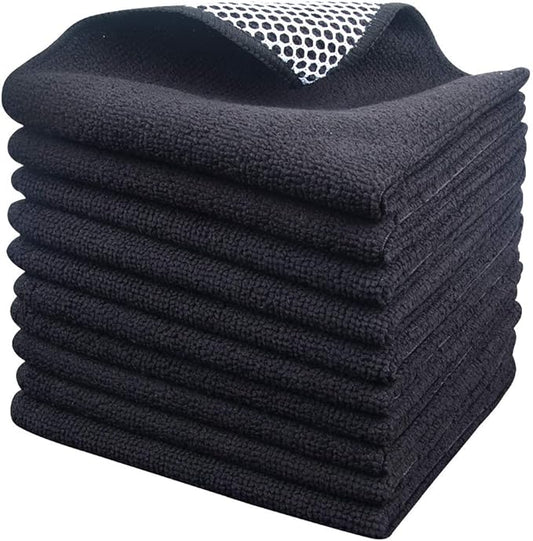 SINLAND Microfiber Dish Cloth for Washing Dishes Dish Washing Rags Best Kitchen Washcloth Cleaning Cloths Wash Cloths with Poly Scour Side 12Inchx12Inch 10 Pack Black