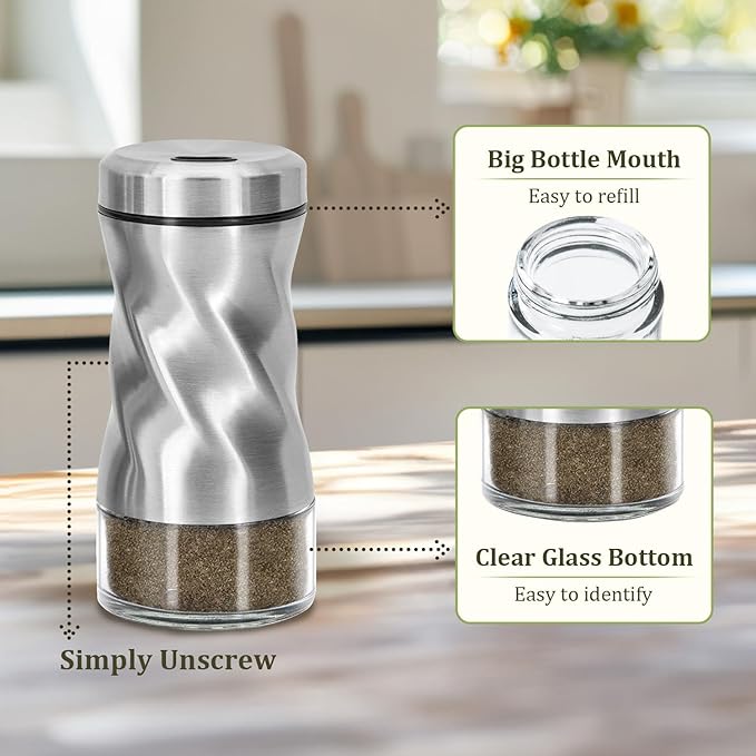Salt and Pepper Shakers Set by NEODACO, 4 OZ Modern Glass Salt Shaker with Stainless Steel Lids for Kitchen Gadgets Table, RV, Camp, Ideal for Himalayan, Kosher, Black and White Pepper