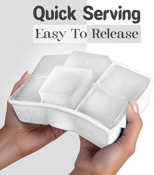 KitchFort Large Silicone Ice Cube Tray (2-Pack), Easy Release 2" Big Ice Cubes - Cocktail, Whiskey Ice Cubes Mold - Ice Trays for Freezer with Lid - Stackable Silicone Ice Tray - White