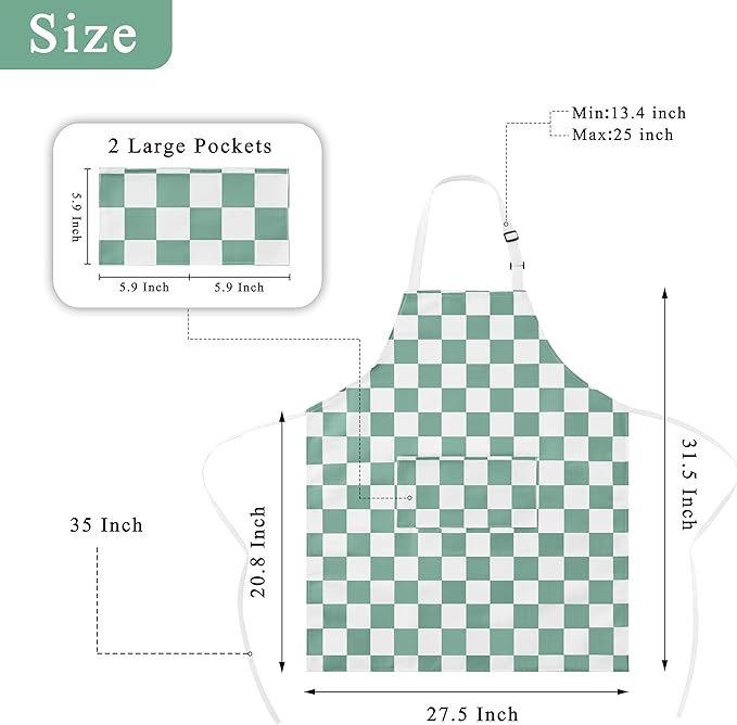 2 Pack Checkered Kitchen Apron, Sage Green Checkerboard Aprons for Women with Pockets, Chef Apron for Men, Waterproof Aprons for Cooking