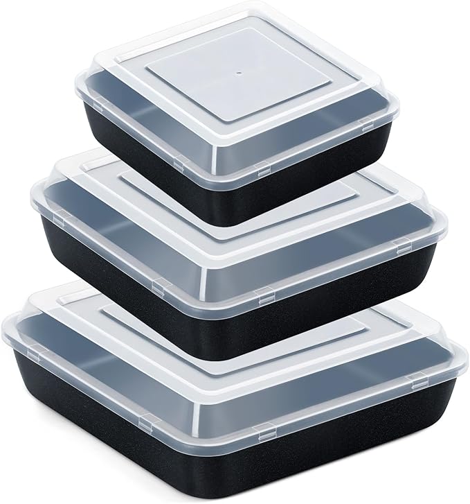E-far 6/8/9-Inch Square Cake Pan with lid Set, Non-stick Square Baking Brownie Pans Bakeware Set of 3, Stainless Steel Core & Easy Clean - 6 Pieces(3 Pans + 3 Covers)