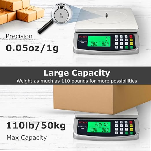 110lb Commercial Food Scale, Large Digital Kitchen Scale with Hold Mode, Tare, PCS, 5 Units, Price Computing, 304 Stainless Steel for Baking, Cooking, Meat, Counting Adapter (Inc.)