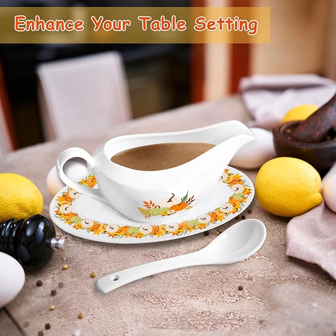 16OZ Thanksgiving Gravy Boat with Ladle and Saucer Ceramic Gravy Boat Thanksgiving Serveware for Salad Dressings, Creamer, Broth, Black Pepper Used at Weddings Parties Christmas or Daily Use