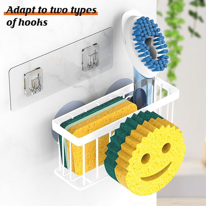 Sponge Holder Smiley Face, Kitchen Organizer with 2 Suction Cups/1 Adhesive Strips,Designed for Sponge,Soap,Dish Brush,Scrubber - White