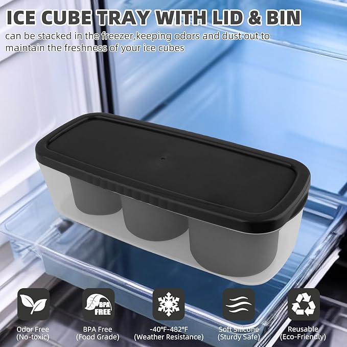 Tcamp Ice Mold for 30 oz Tumbler Cup, Silicone Ice Cube Tray With Lid and Bin for Freezer, Ice Ring Ice Maker for Chilling Cocktails, Whiskey, Drinks, Coffee, Easy Fill and Release (Black)