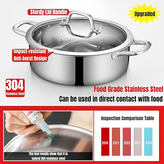 Double-flavor Shabu Shabu Pot with Divider and Lid, Dual Sided Nonstick Hot Pot, 32cm/12.6in Stainless Steel Shabu Shabu Pot, for Induction Cooktop, Gas Stove & Hot Burner, Soup Ladle Included