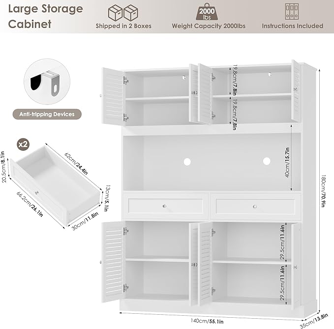 HIFIT 71" Hx55''W Large Kitchen Hutch Storage Cabinet, Farmhouse Coffee Bar Hutch with Microwave Stand, Tall Kitchen Pantry Cabinet with Louvered Doors, 2 Cable Holes, 2 Drawers, White