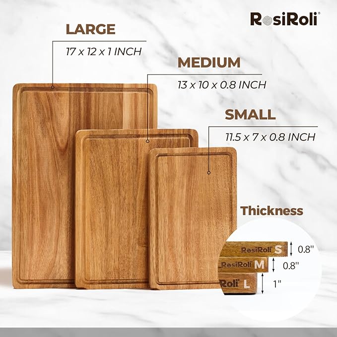 RosiRoli Acacia Wood Cutting Board for Kitchen, Set of 3 - Durable 1" Thick Chopping Boards with Juice Grooves & Handles for Prep & Serving, Impressive Gift for Housewarming, Christmas, and Home Chefs