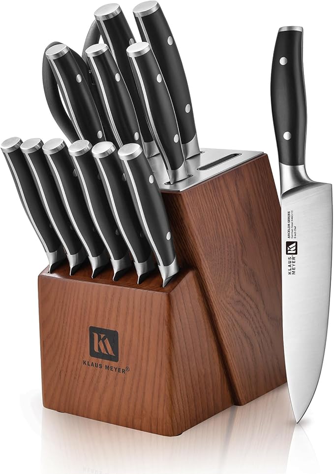 Klaus Meyer Arcelor 14 Piece Exclusive German Steel Non-Slip Handles Knife Set with Solid Wood Block …